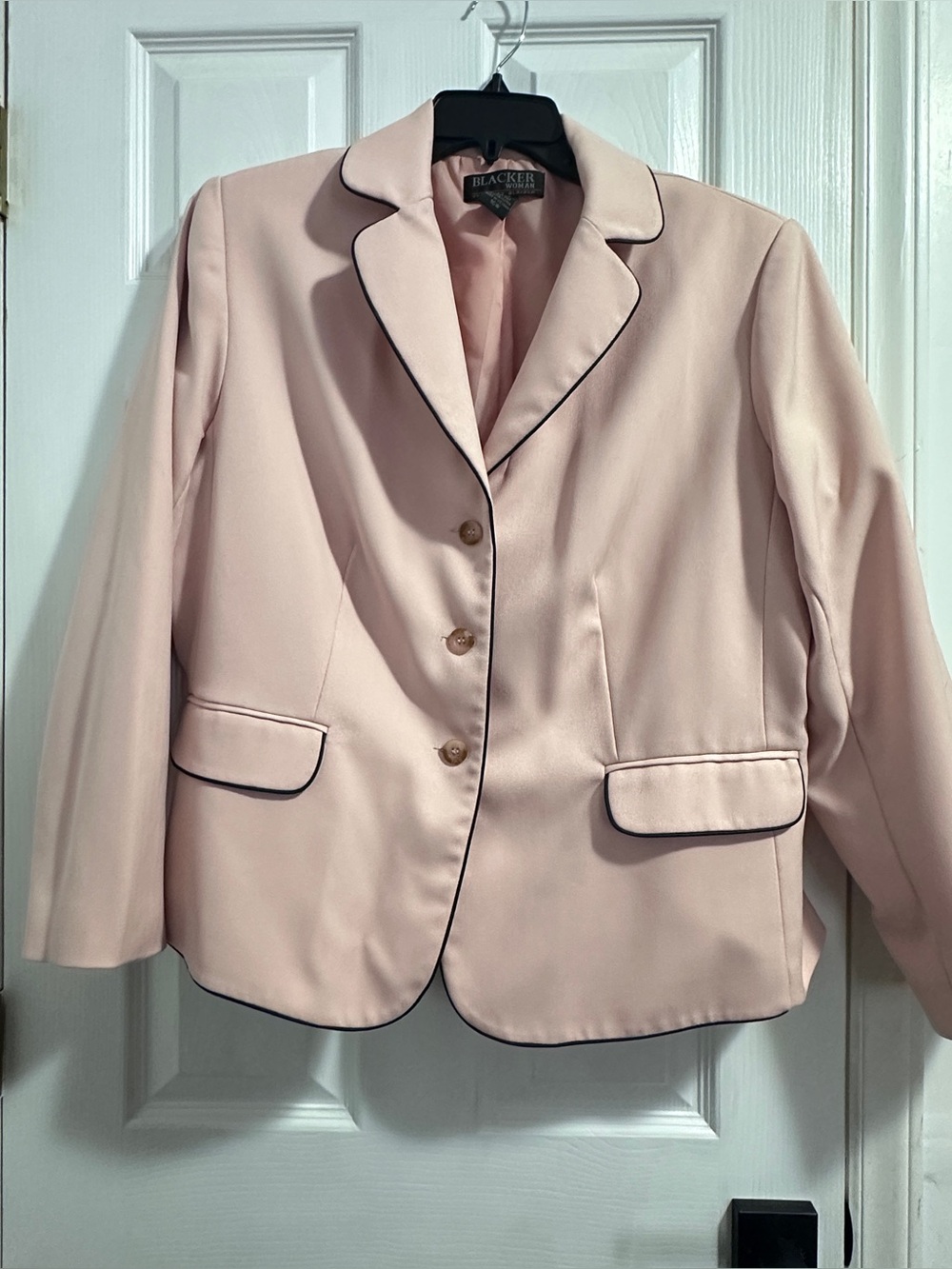 Stanley Blacker Women's Light Pink Suit with Black Piping
